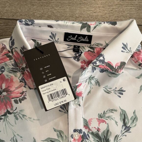 Bad Birdie Golf Polo NWT Mens XL Spring Showers Floral Print White Flowers - Picture 5 of 7